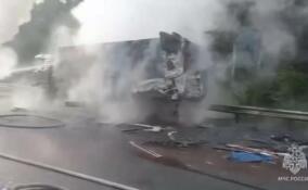 Два грузовика загорелись после столкновения на трассе М-10 в Ленобласти